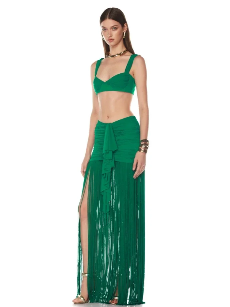 Women Green Fringe Skirt Two Piece Set Sexy Straps Folds Short Top + Tassel Ruch Long Skirts Suits Evening Party Cocktail Sets