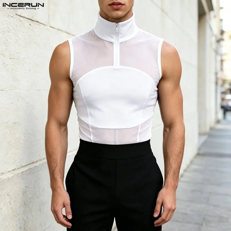 INCERUN Men's Tank Tops Mesh Patchwork Sleeveless Zipper Male Vests Summer Streetwear Sexy Fashion Party Casual Tops Men Clothes