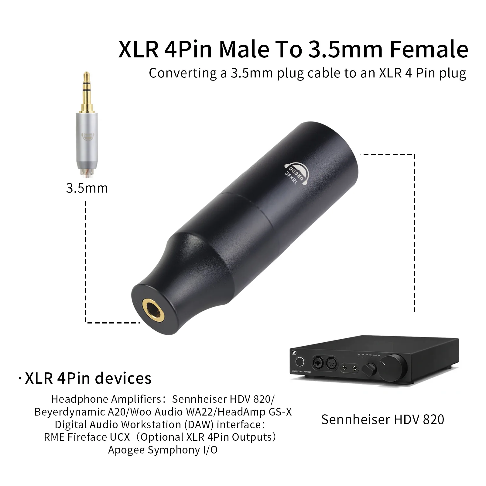 Adapter audio OKCSC XLR 4-pin męski na 3.5mm żeński zbalansowany do Sennheiser HDV 820/Beyerdynamic A20/Woo Audio WA22/HeadAmp GS-X