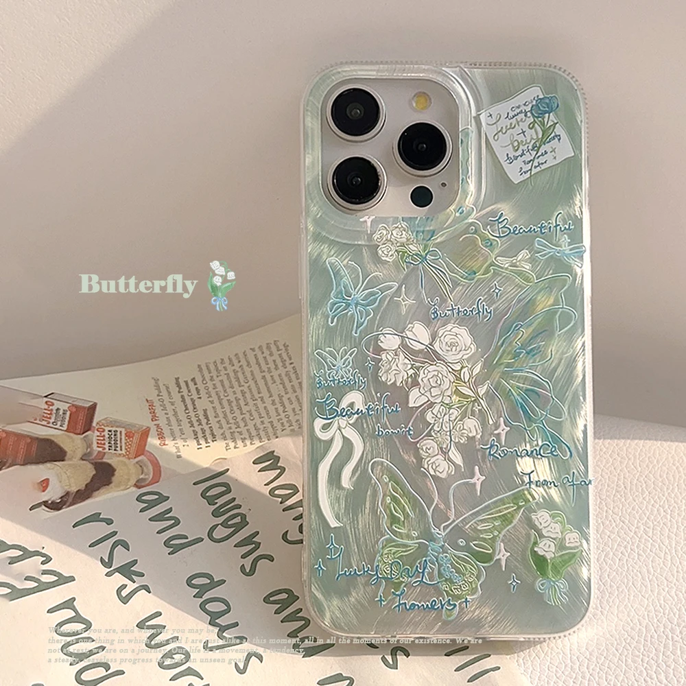 Aesthetic Butterfly Phone Case For iPhone 13 Pro Flower Case iPhone 16 15 12 11 14 Pro Plus Soft Shockproof Laser Silicone Cover