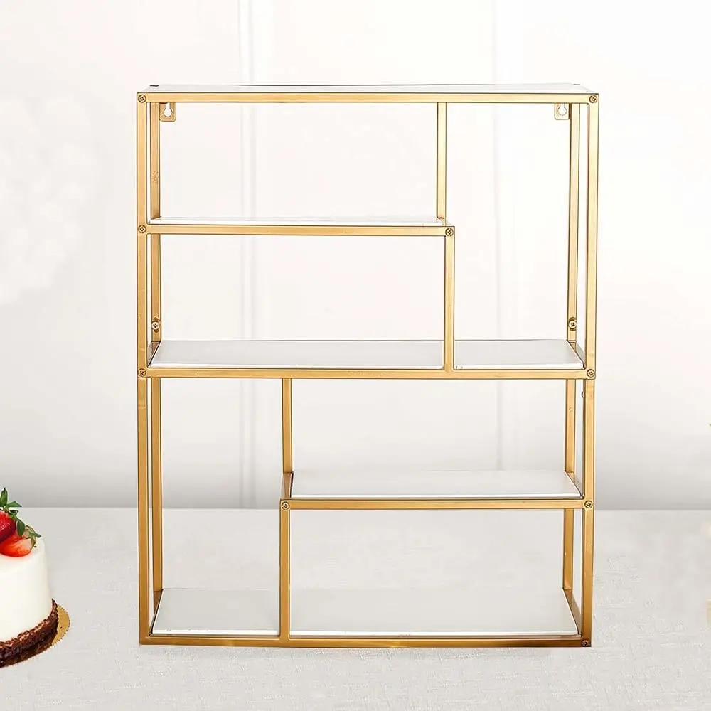 

Efavormart 22"" Gold Metal 4-Tier Dessert Cupcake Stand, Wall Hanging Shelf Display Rack, Book Shelf With White Wood Panels