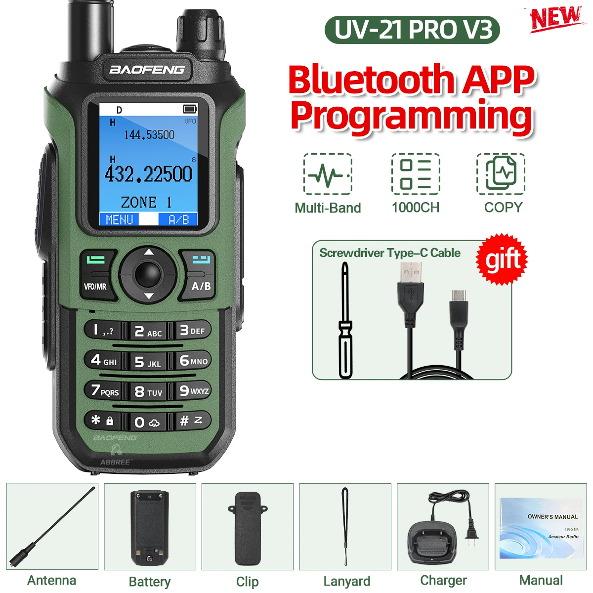 Baofeng UV-21 PRO Air Band Walkie Talkie Lange afstand Bluetooth Programmering 1000CH AM FM NOAA VOX Type-C Oplader V3 Tweerichtingsradio