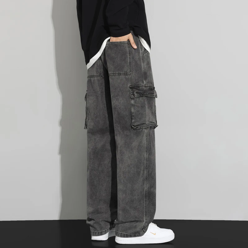Jeans cargo larghi da uomo autunno nuova tasca vintage casual dritto moda coreana pantaloni in denim con coulisse streetwear maschile