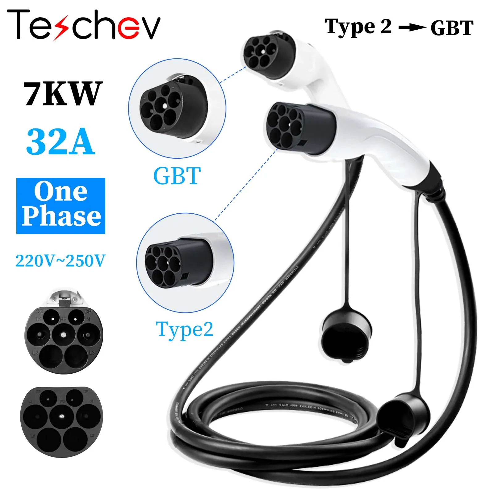 EVcharger 3M Straight type EV Charging Cable IEC62196 Type 2 to GBT 7KW 1phase 32A For EVSE Vehicles Charger Station