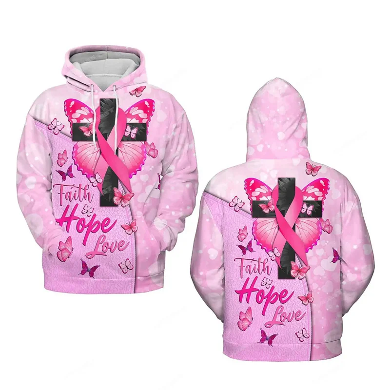 October Pink Ribbon Graphic Sweatshirts Breast Cancer Awareness 3D Printed Hoodies For Women Clothing Sport Pullovers Hoody Tops