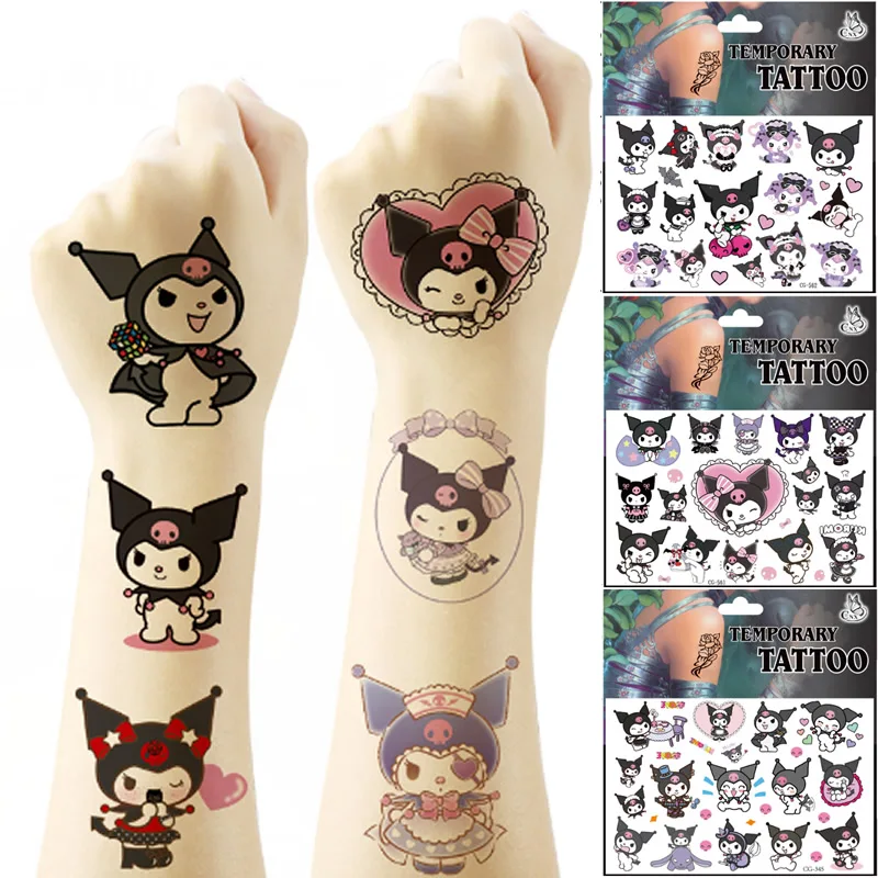 Pegatinas de tatuaje Kawaii 2 piezas Kuromi, calcomanías de dibujos animados de Anime Sanrio, tatuaje temporal a prueba de agua, juguete divertido