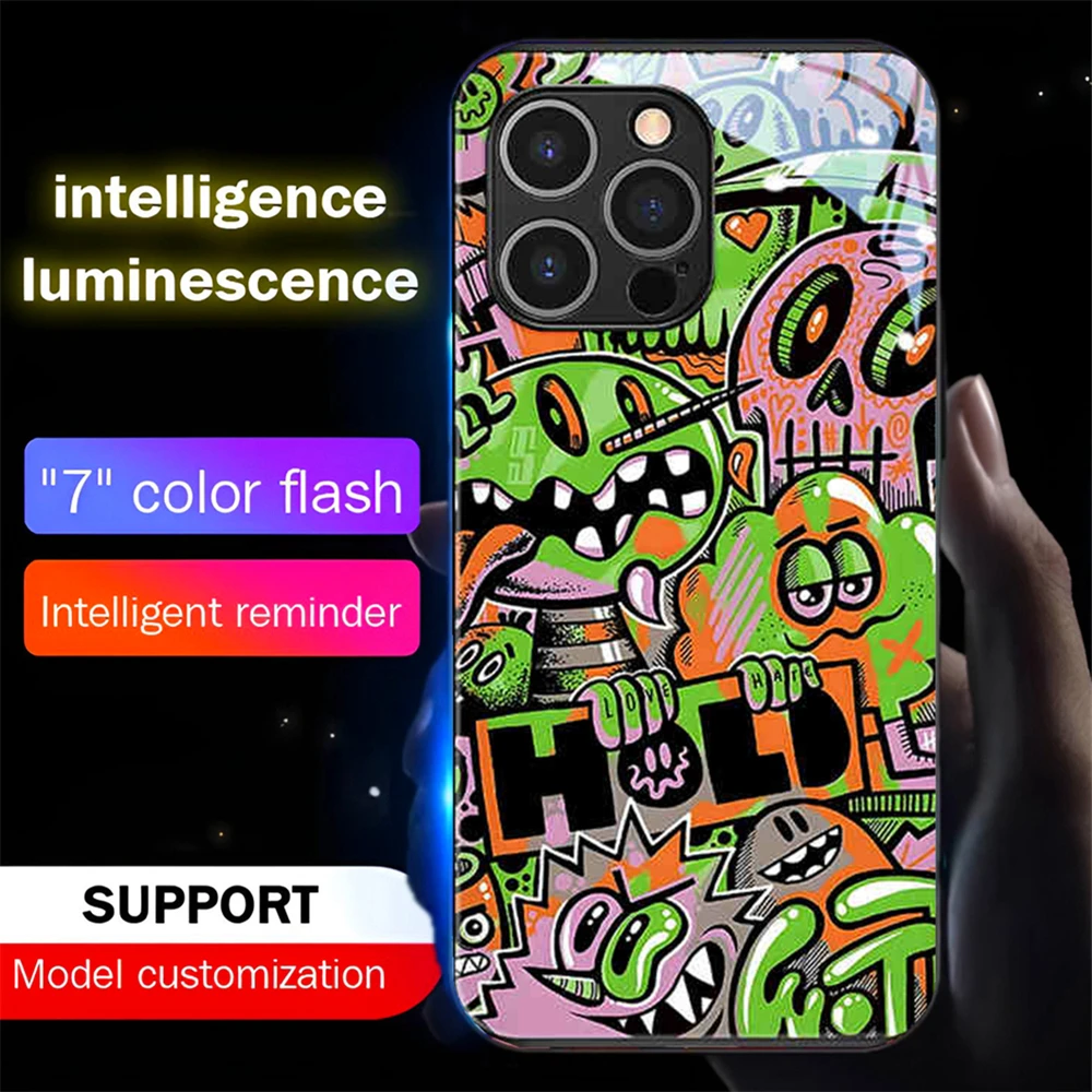 

So Cool Street Graffiti Pattern Voice Sensing LED Light Up Glowing Luminous Phone Case For iPhone 16 15 14 13 12 11 Pro Max XS