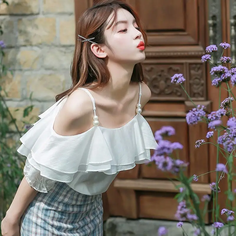 Sweet Slash Neck Ruffles Off Shoulder Beading Slip Blouses Female Clothing 2024 Summer Loose Korean Tops Princess Sleeve Shirts