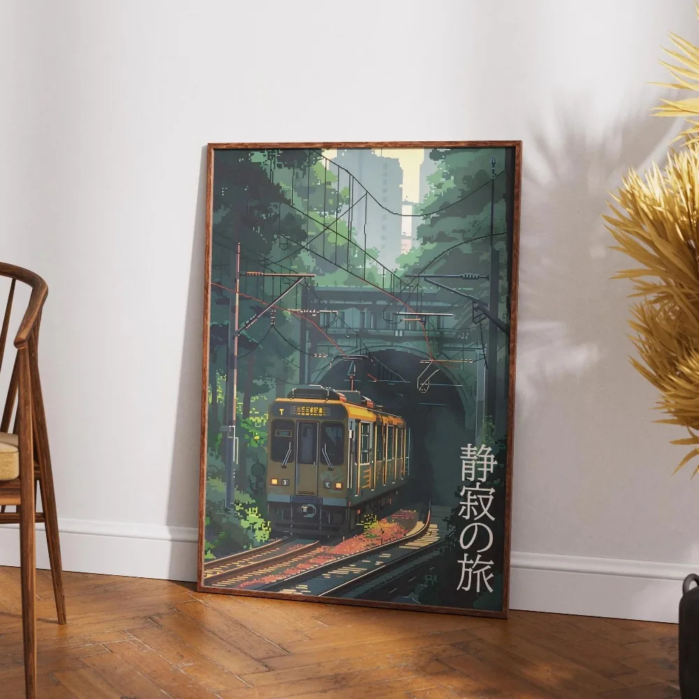 1 قطعة فرملس الرجعية اليابانية المشهد قماش الطباعة السكك الحديدية الآسيوية الجدار ملصق غرفة المعيشة الحديثة غرفة نوم الحمام ديكور المنزل #3