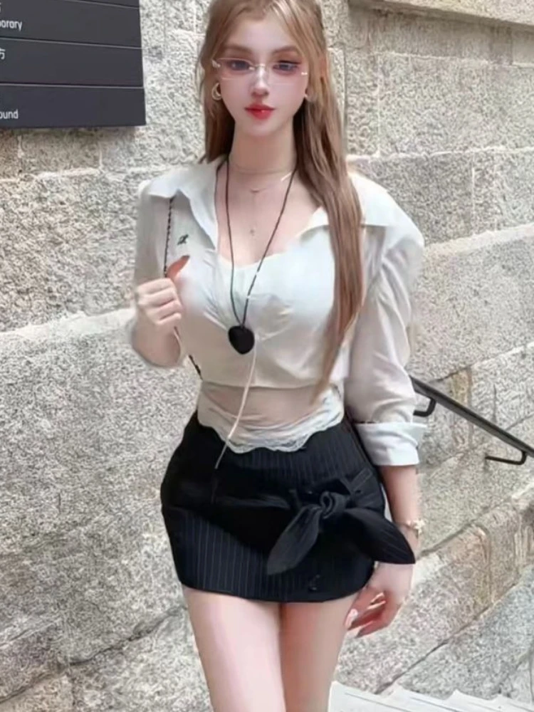 2026 Korean Fashion 2 Piece Set Women Bowknot Lace Ruffle Sleeve Top High Waist Mini Skirt Suit Fit Daily Elegant Casual Outfit