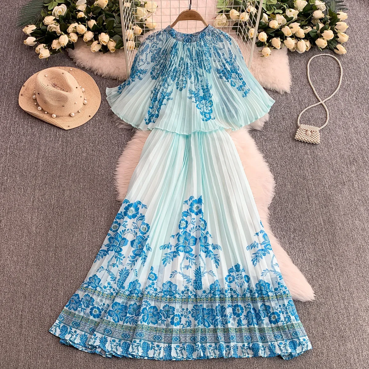 2025 วันหยุด Retro พิมพ์รอบคอชุดผู้หญิงฤดูร้อน Smock สไตล์เอวกระชับสัดส่วนชุดยาว Bohemian Beach Dress