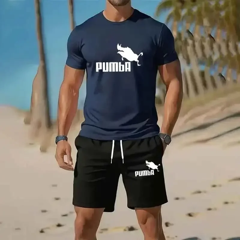 Pumba Summer men's casual short-sleeved T-shirt and shorts sports outfit - comfortable printed lightweight quick-drying set