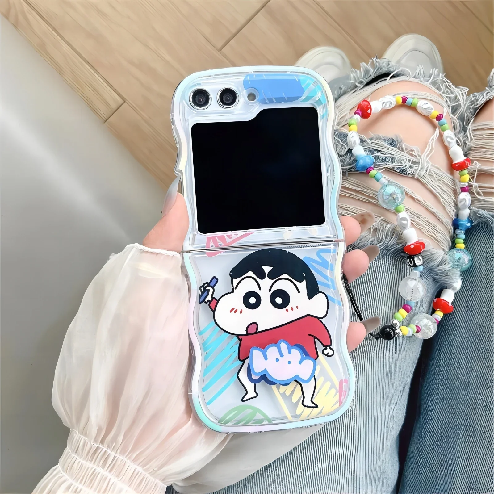 Anime Cartoon With Lanyard bracket Phone Case for Samsung Galaxy Z Flip 3 4 5 5G PC Hard Bōchans Noharas Shinnosukes Back Cover