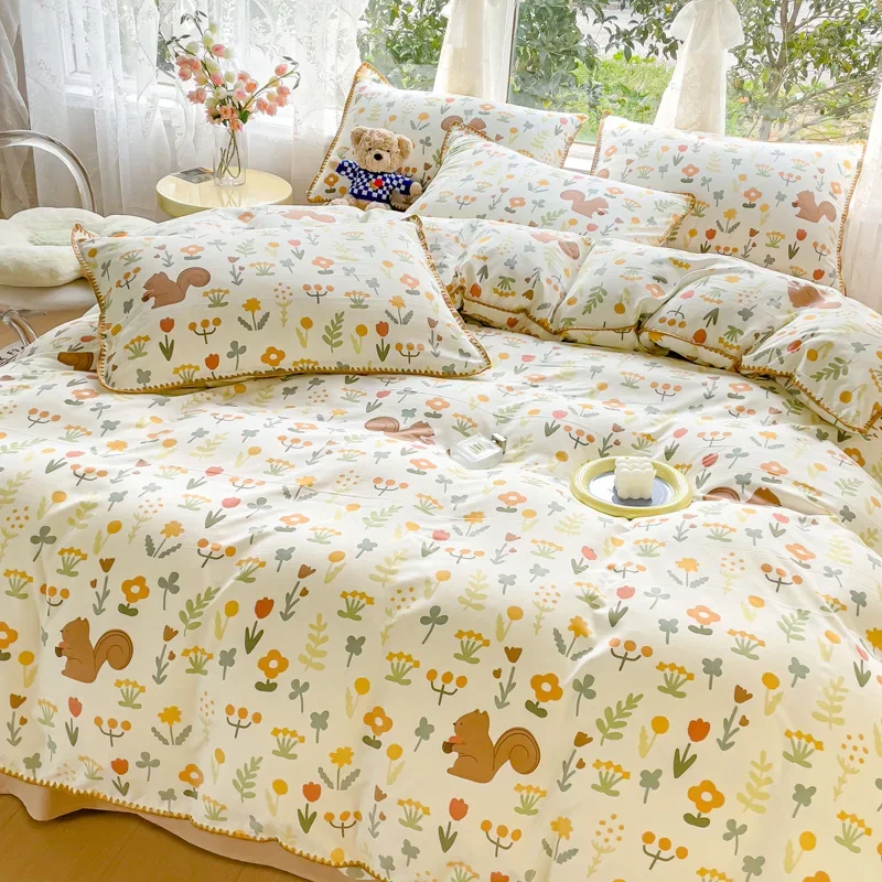 Soft Quilt Cover Sheet Set Pastoral Girls Flower Bedding Sets Washed Cotton Bed Linens Simple Bedspread Home Textiles