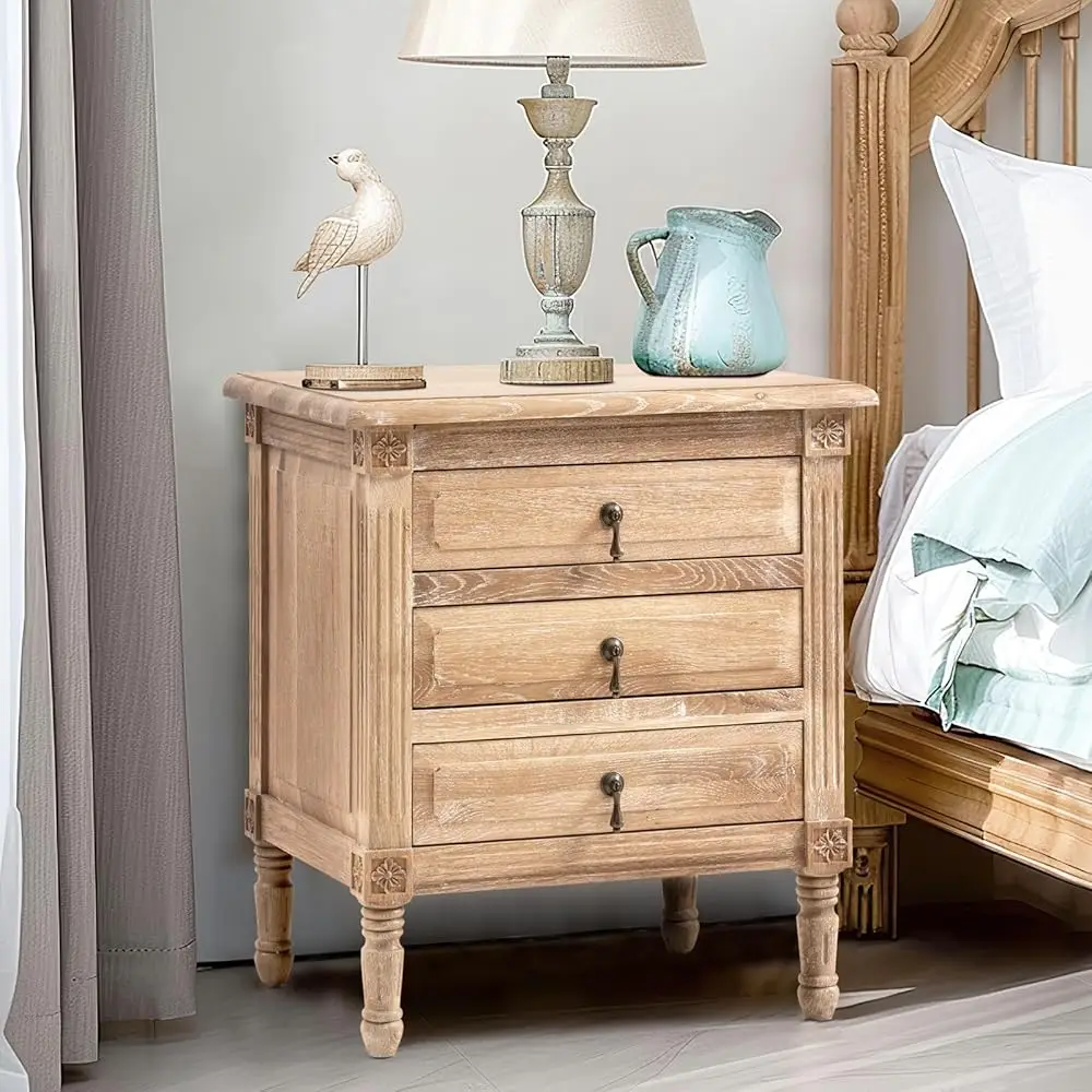 

Nightstand With 3 Drawers Natural Solid Oak Night Stand Modern Farmhouse Wooden Bedside Table End Table For Bedroom