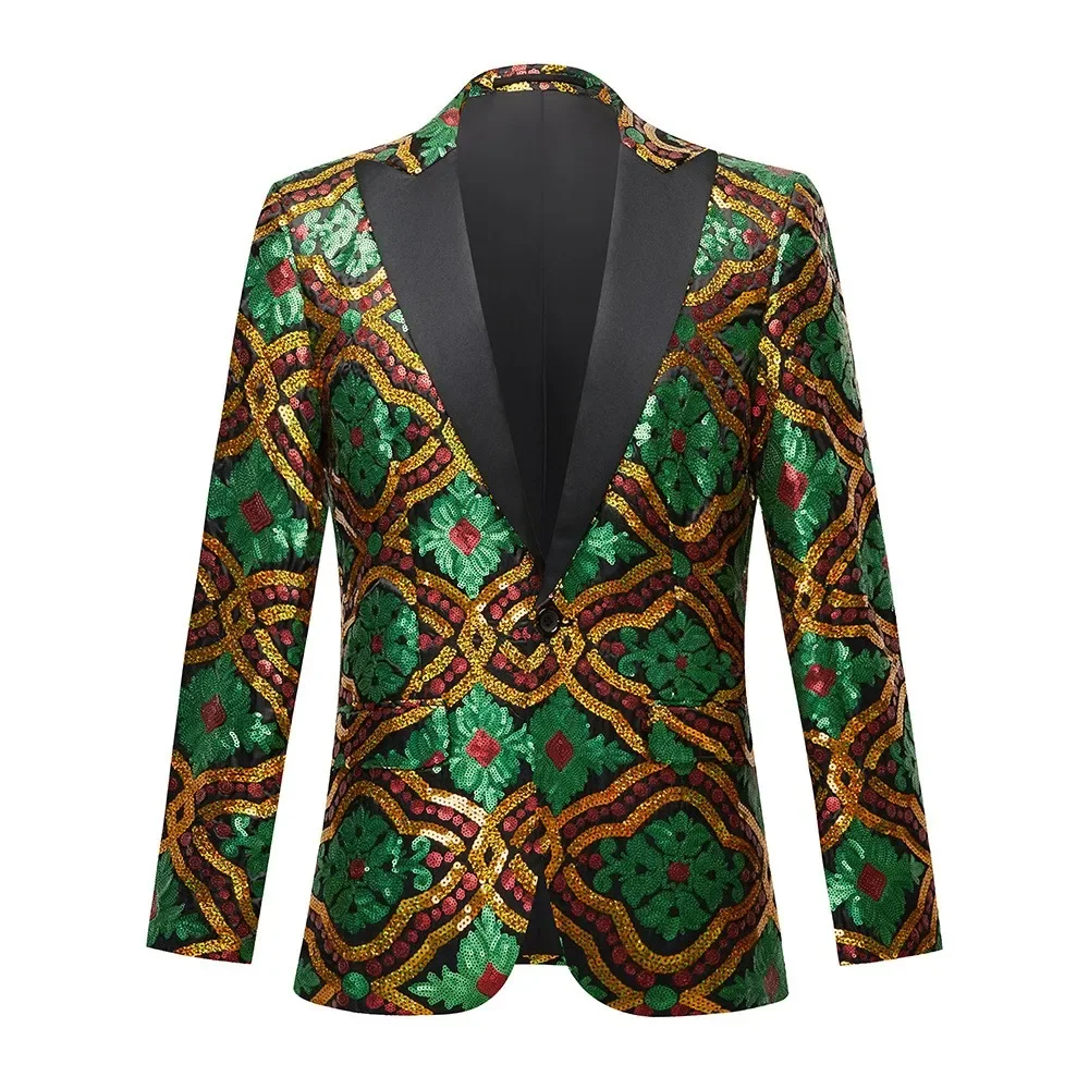 

Mens Tuxedo Dress Blazers Green Gold Sequins Floral Slim Fit Suit Jacket Men Party Dinner Prom Blazer Male Stage Singer Costume