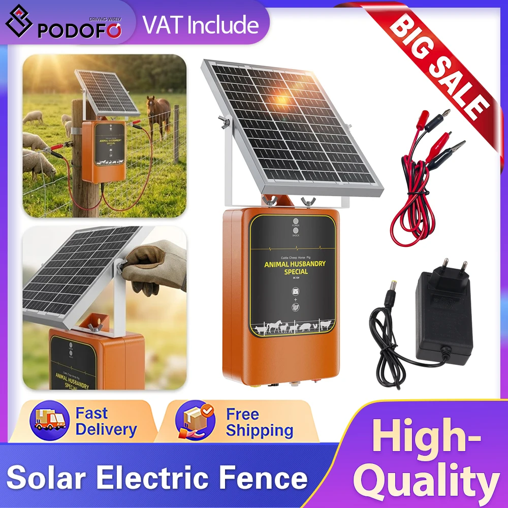 Électrificateur de clôture solaire Podofo 1.2J 10KM IP65, mini contrôleur électronique à impulsions pour animaux d'élevage, bovins, moutons