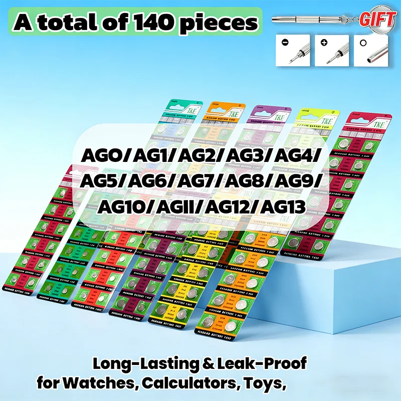 Set Combinato Da 140 Pezzi Di Batterie Alcaline A Bottone 1.5V Assortite: AG0, AG1, AG2, AG3, AG4, AG5, AG6, AG7, AG8, AG9, AG10, AG11, AG12, AG13