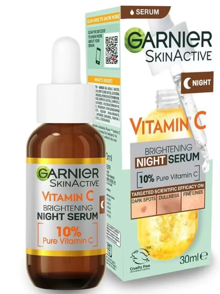 GARNIER 10% VC Brightening Night Essence 30ml Vitamin C Serum  Improve Dullness Yellowing Whiten Skin Tone Rare Skincare Beauty