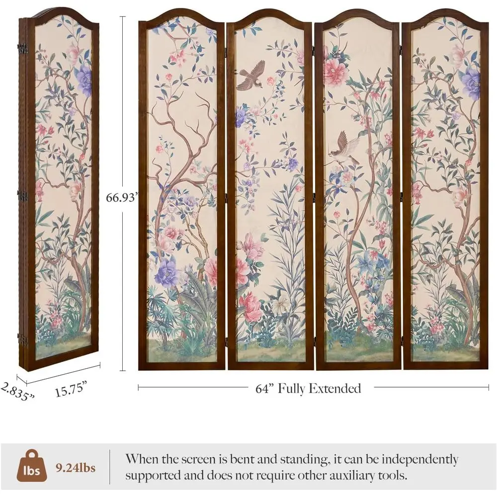 Vintage 4-Panel Wooden Room Divider - Freestanding Privacy Screen with Decorative Lowers and Birds Pattern (67H x 64W)