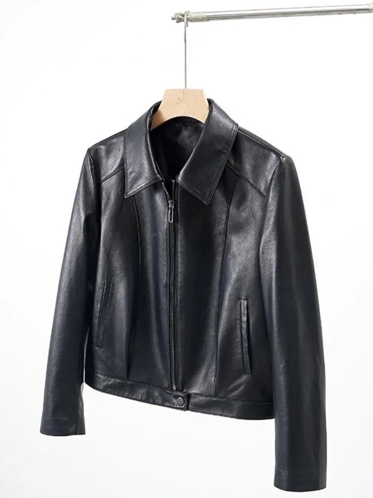 Herbst Neue Frauen Aus Echtem Leder Jacke Zipper Turndown Kragen Einfarbig Hohe Qualität Kurzen Stil Schaffell Mantel Streetwear