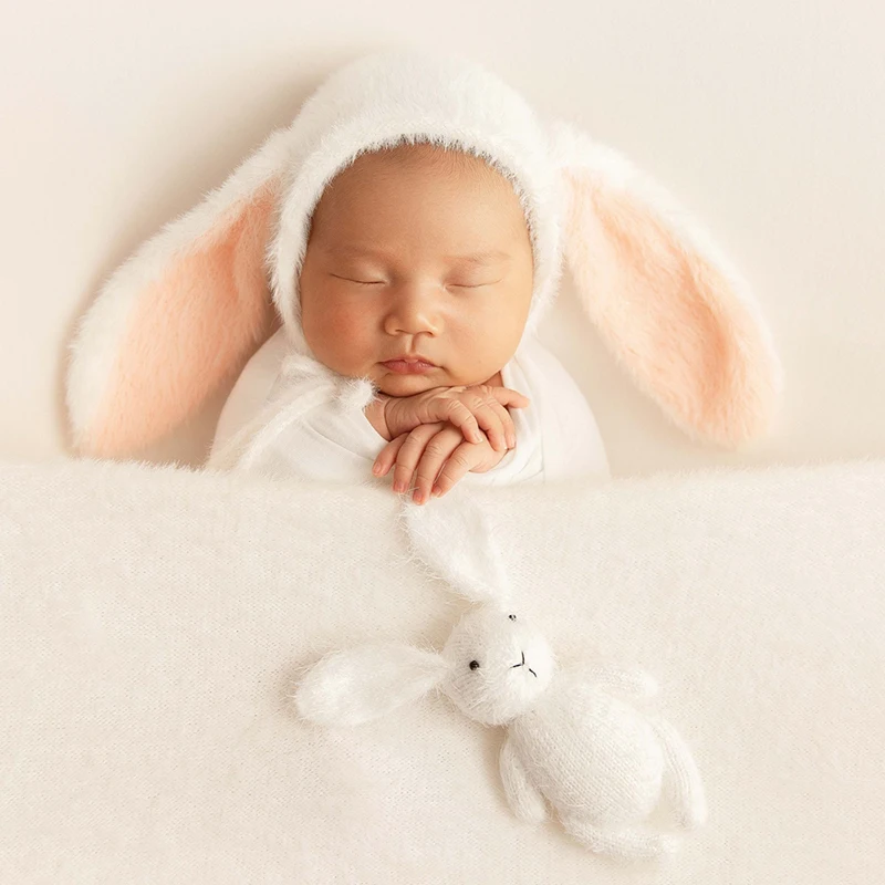 Poupées lapin en peluche faites à la main pour nouveau-né, accessoires de photographie, fourrure de vison, jouet animal, studio photo, mois complet