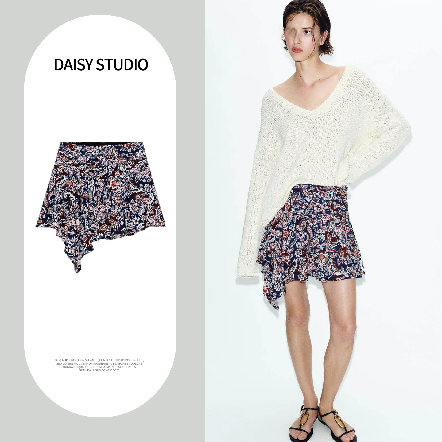 Spring New Women's High Waist Asymmetrical Hem Printed Pleated Short Skirt Pants A-Line Polyester Fiber Inner Lined Ladies