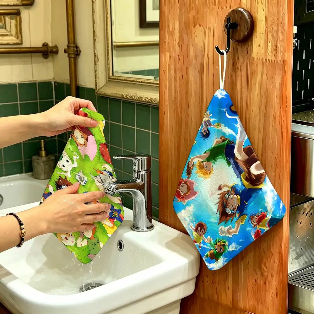 Anime D-Digimon A-Adventure Hanging Polyester Cotton Towel, Reusable Hand Wiping Cloth, Wear Resistant for Home Kitchen Sink