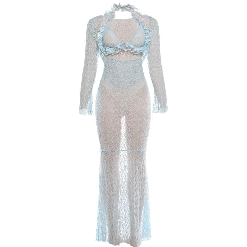 Sisterlinda Sexy 2-teiliges Set für Damen, modisch, mit Rüschenkante, Neckholder-Bodysuits + tief ausgeschnittenes Kleid mit langen Ärmeln und hoher Taille, durchsichtige Anzüge – Detail 2