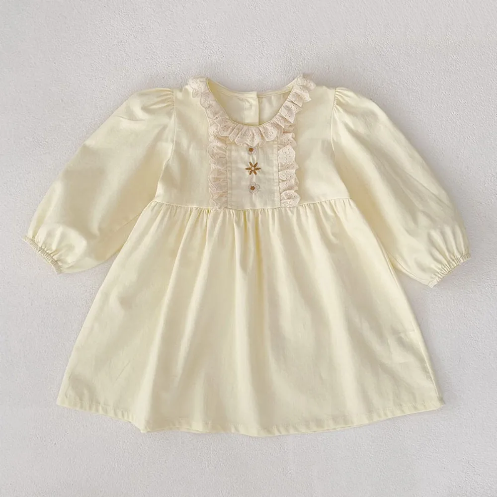Yellow Sweet and Cute Casual Lace Long Sleeved Dress Korean Version Daily Wear for Girls Aged 2-6 Autumn New