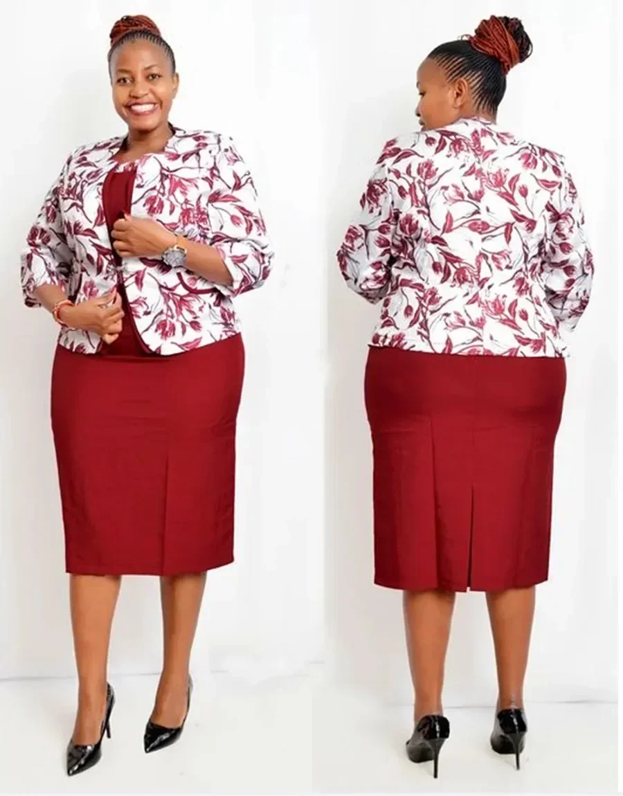 

Customized Plus Size African Style Floral Print Office Ladies Coat and Dress Suit For Women
