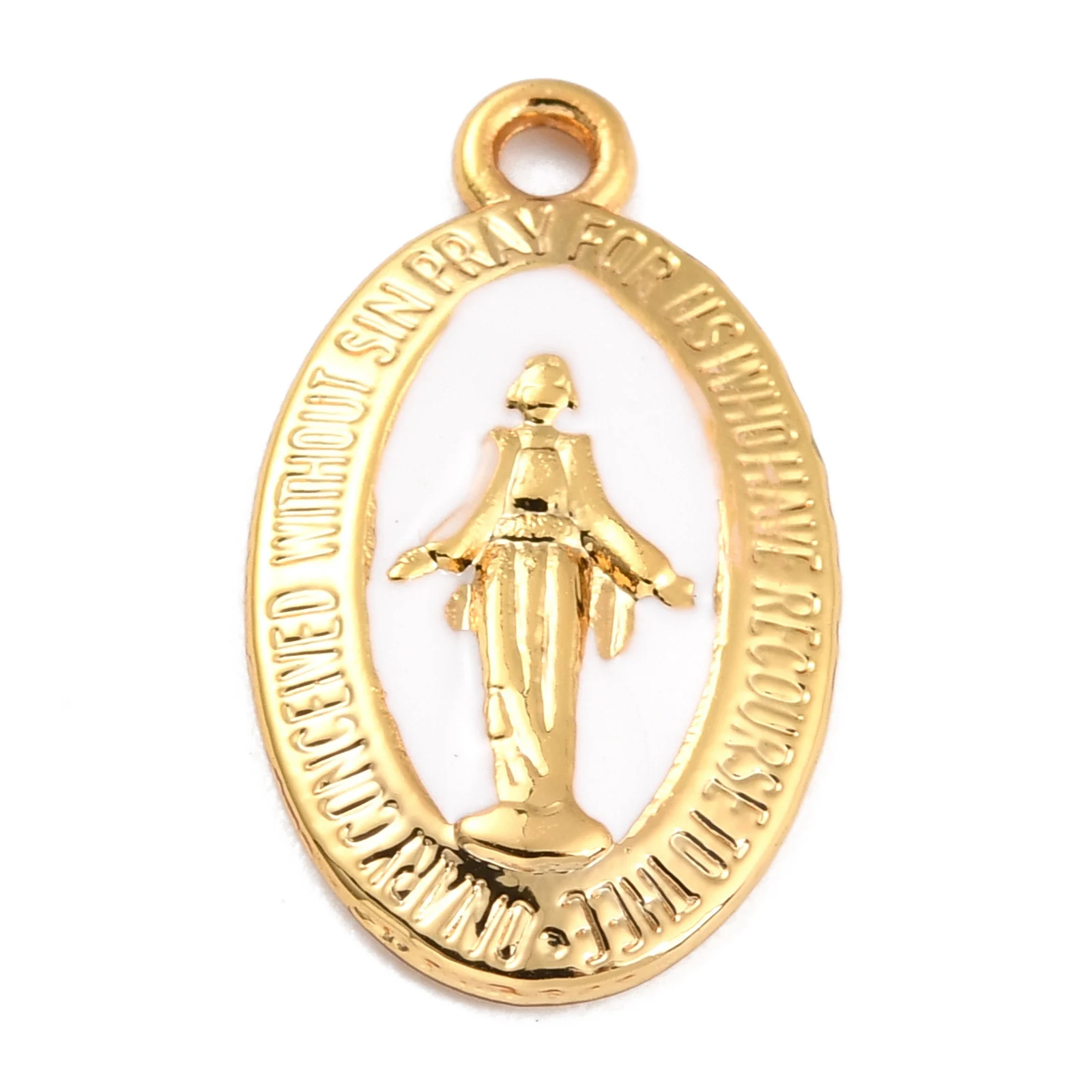 Virgin Mary Alloy Enamel Pendants Golden Long-Lasting Plated Oval Miraculous Medal Charms Religion DIY Necklace Jewelry Making