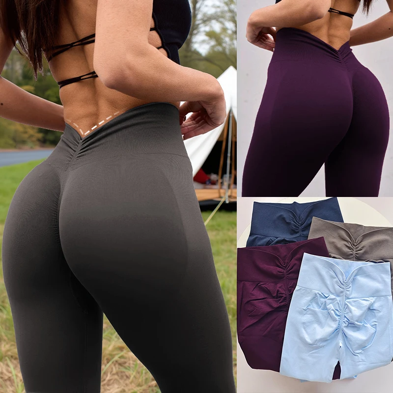 Seamless High Waist Yoga Pants with V-Cut Waistband & Butt Lifting Design, Workout Fitness Leggings