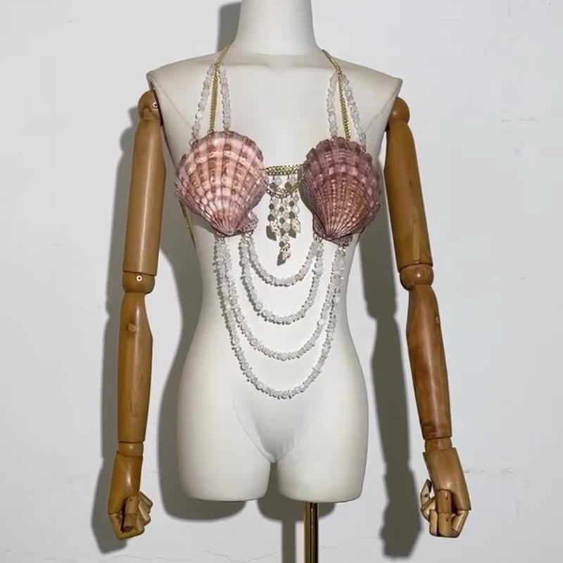 

Sexy Women Handmade Shell Lingerie Tide Temperament Women Hundred Tank Corset Body Chain Hanging Neck Bikini Top