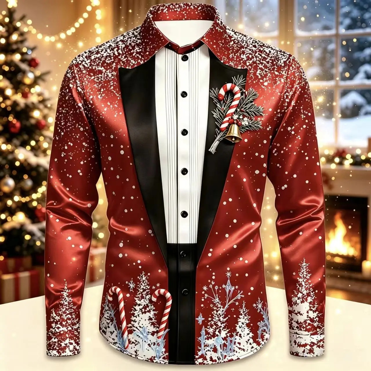 Men Christmas Satin Long Sleeve Shirt 3D Print Snowflake Xmas Tree Candy Cane Lapel Button Down Shirt Holiday Party Dress Blouse
