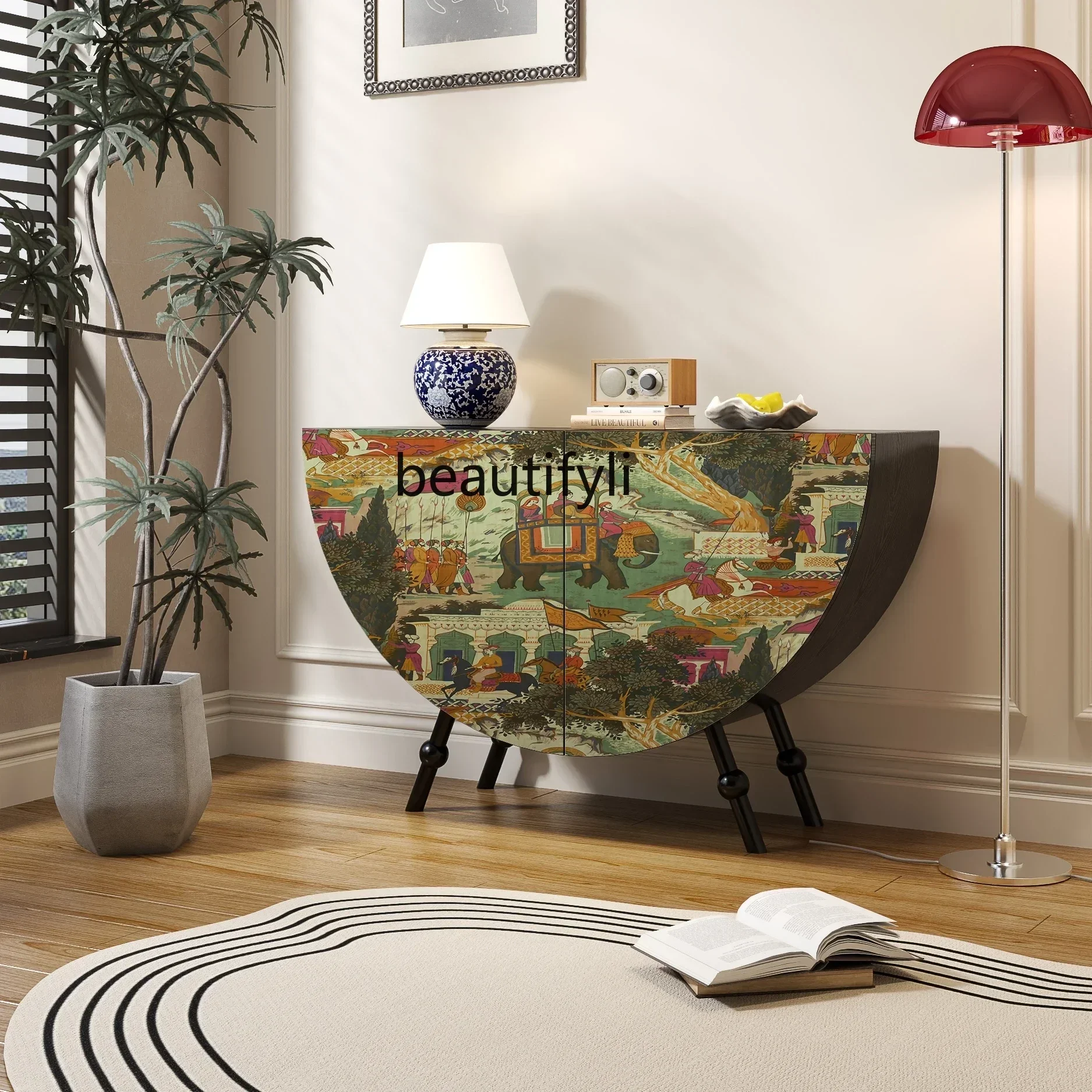 M182 Y American solid wood retro semi-circular entrance cabinet, living room storage side cabinet, household storage cabinet
