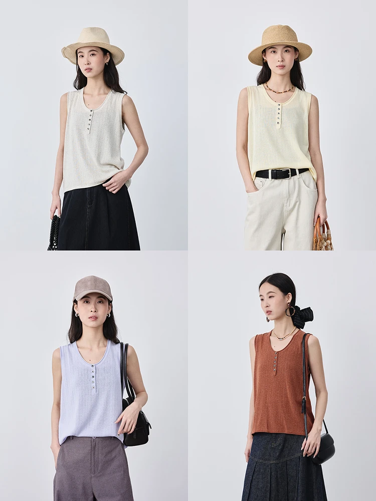 

CAREMIND Summer New Lightweight Casual Vest Sand Sensation Cool Backless Four Colors U-neck Button Women's Top