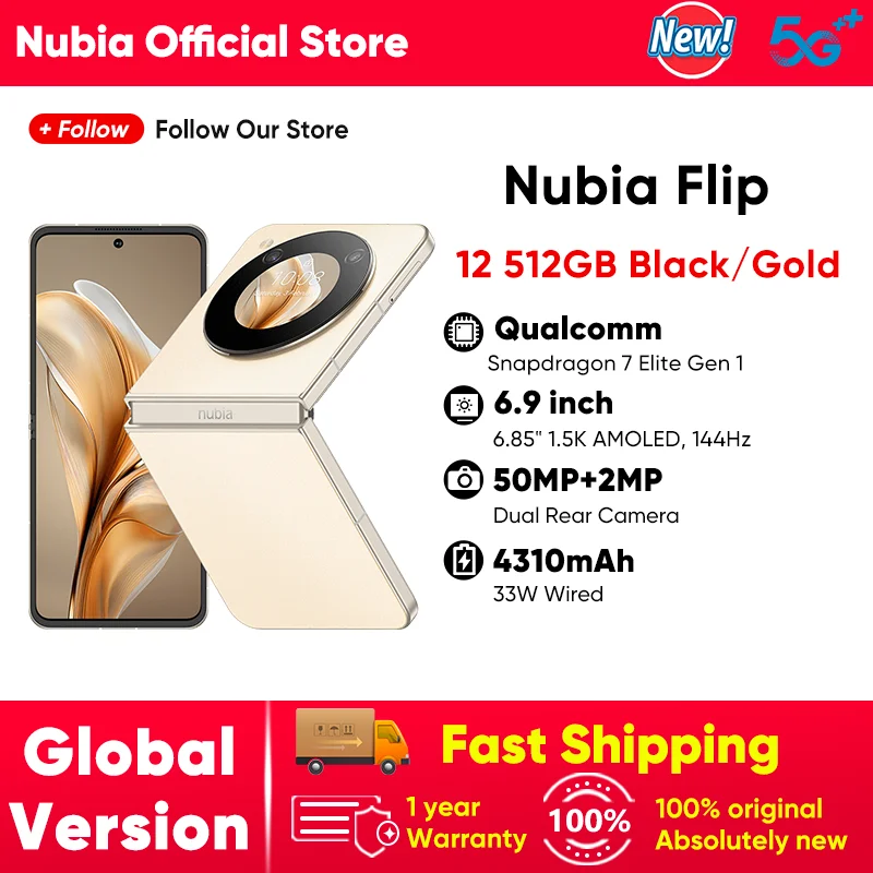 

Nubia Flip 5G Snapdragon 7 Gen 1 16GB+512GB 6.9" AMOLED 120Hz Foldable Phone 50MP Dual Camera 33W Fast Charging Global