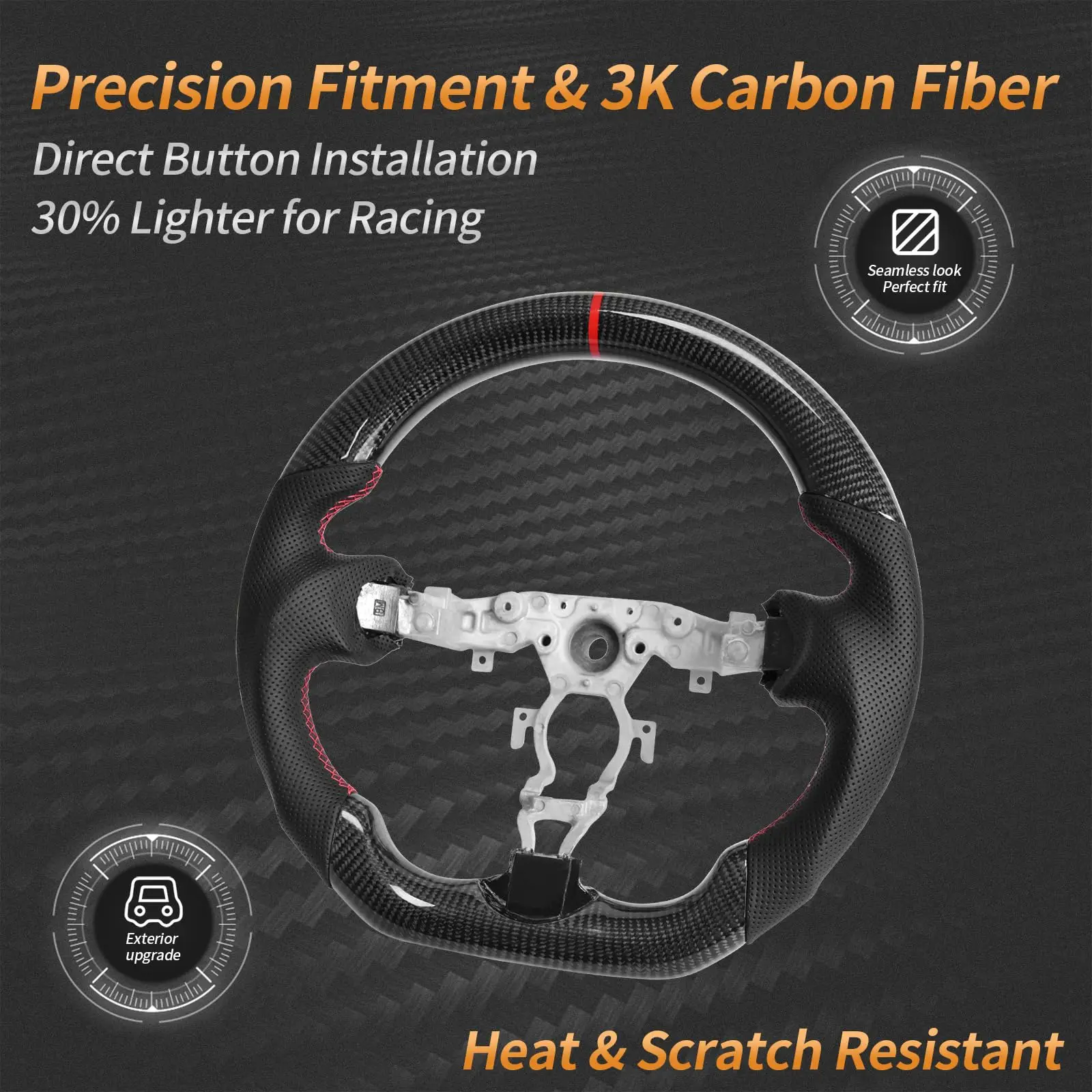 Carbon Fiber Steering Wheel for Nissan 370z 2008-2020, D-shaped Flat-bottom with NAPPA Perforated Leather,3K Carbon Fiber