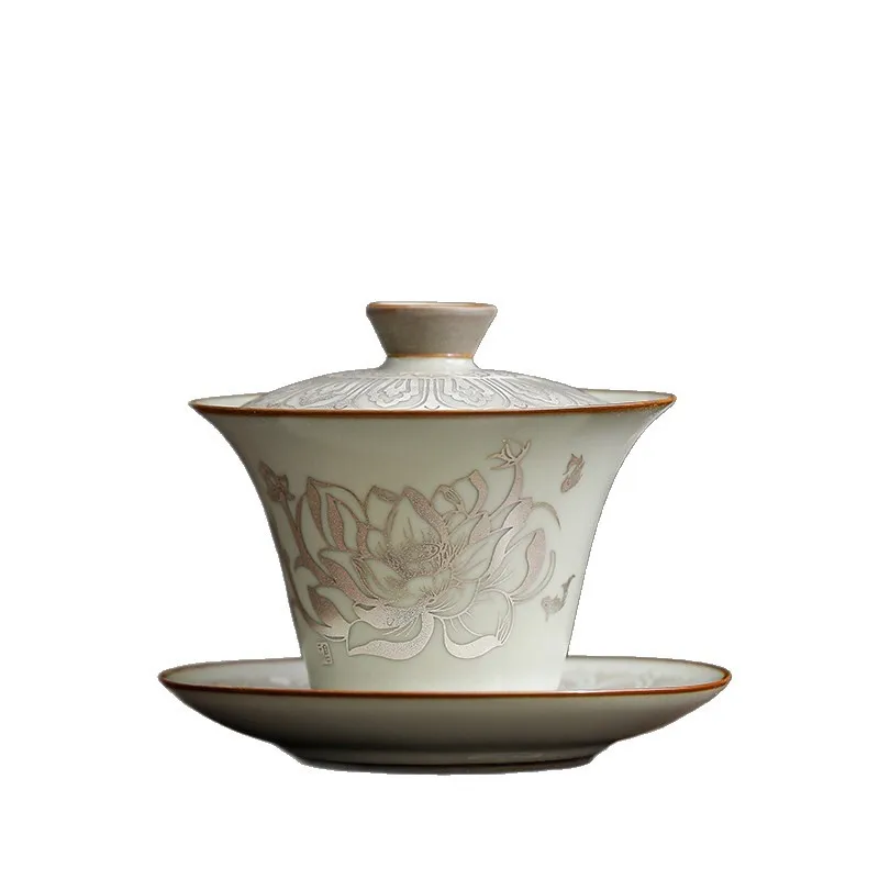 

CX filigree silver lotus rhyme cover bowl Kung Fu tea set Sancai bowl household retro high-end open tea bowl