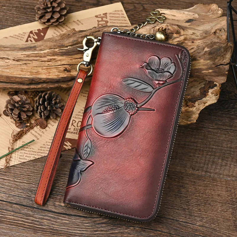 Big Cowhide Card Holder Clutch Bag Long Zipper Floral Ladies Leather Purse Vintage Genuine Leather Wallet Women