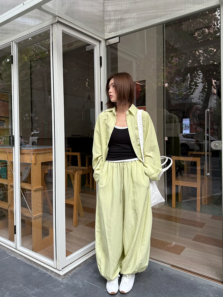 

Early Spring New Lazy Style Loose Feel Shirt Women High Waist Wide Leg Pants Casual Two Piece Set Cotton Long Sleeve Collar