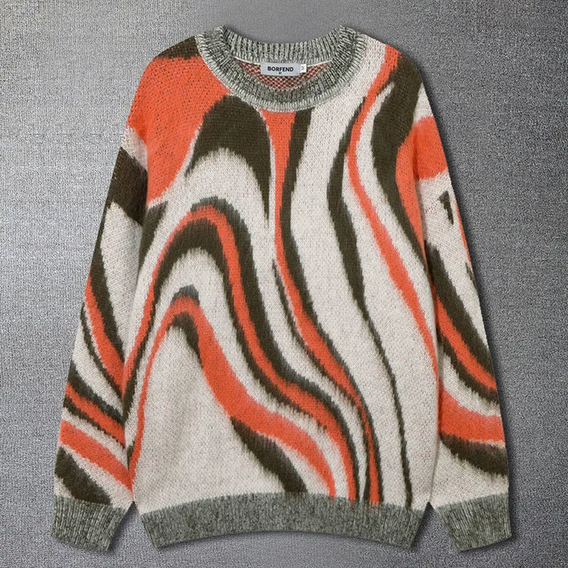 Contrast Print Sweater For Men Knitted Round Neck Sweater 2023 Fall Stripe Pattern Contrast Print Sweater Mens Pullover Sweater