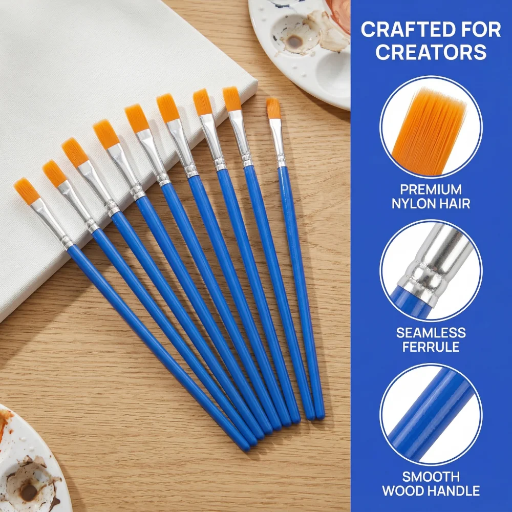 Multi-Pack Blue Plastic Handle Paint Brushes, Pointed & Flat Tip for Acrylic Watercolor Oil, Artist Supplies for Beginners