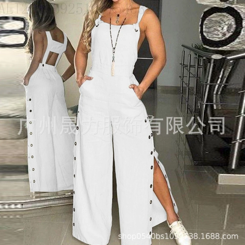 

Women Commuting Style Jumpsuit 2024 Spring/summer Latest Solid Color Sleeveless Side Pocket Wide Leg Side Buckle Romper Bodysuit