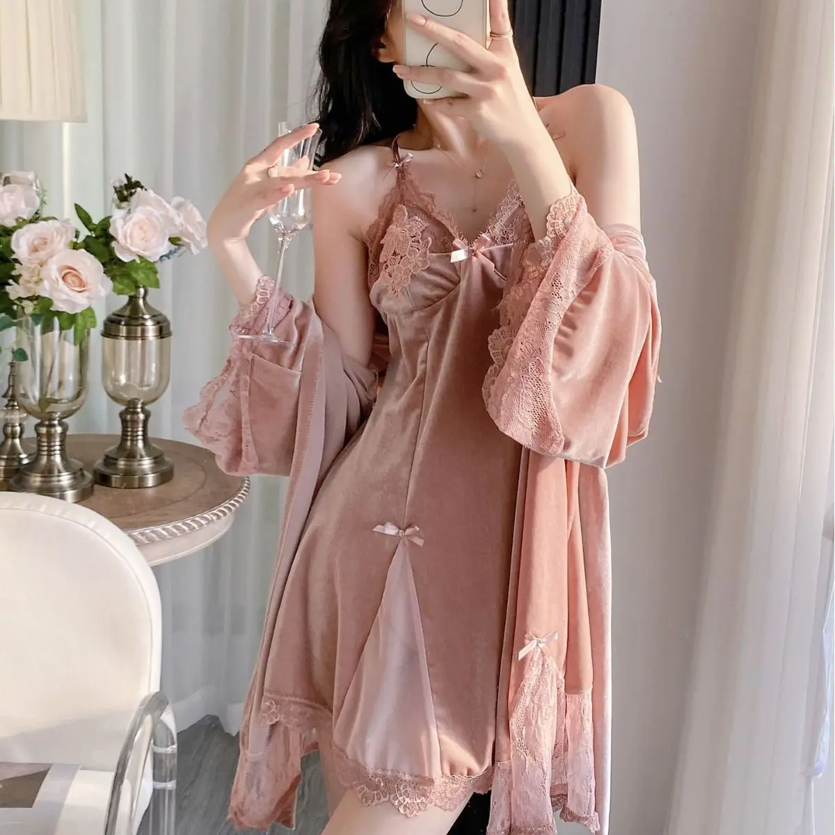 

Sexy Velvet Twinset Robe Set Nightgown Autumn Winter New Women Sleepwear Bathrobe Gown Loose Velour Lace Home Dressing Gown