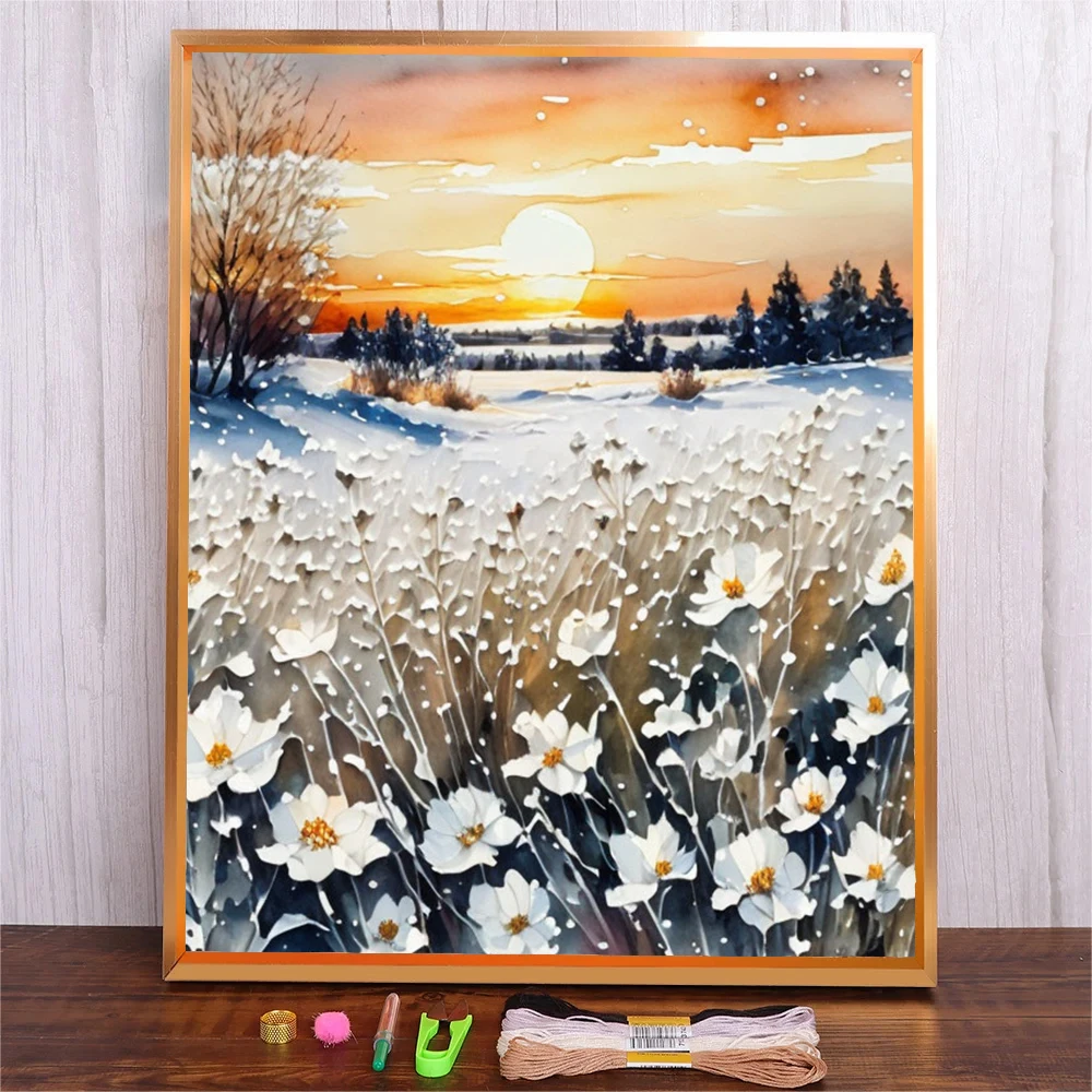 

Daisy Flowers Cross Stitch Living Room Landscape DIY Embroidery Kits 11CT 14CT Printed Needlework Material Cotton Thread Set