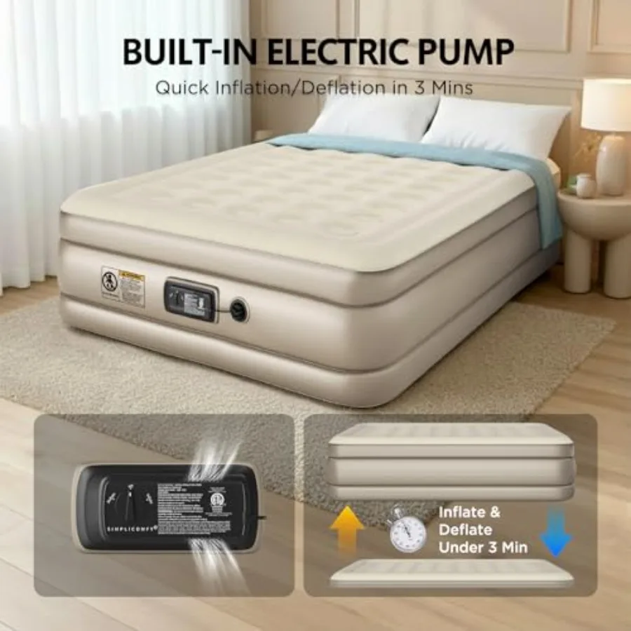 18 Raised Double-High Inflatable Air Mattress with Built-in Electric Pump, Waterproof PVC Top, Gray, Fast Self-Inflating for Ho
