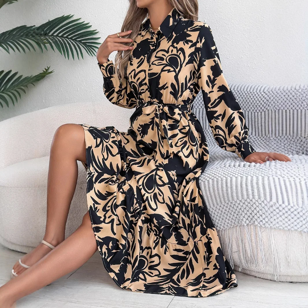 

Women's Casual Daily Printed Lapel Long Sleeved High Waisted Lace Border Shirt Lotus Leaf Spring Summer Pullover Dress