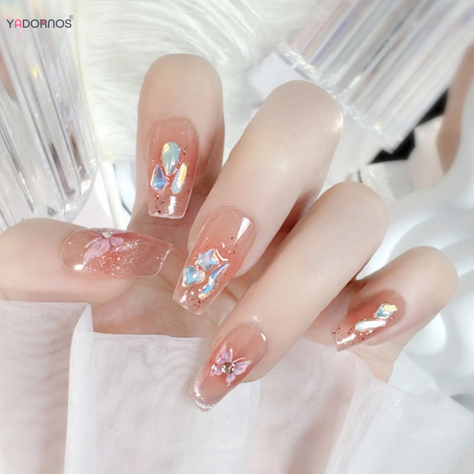 Uñas postizas rubor Rosa hechas a mano, diseño de lentejuelas Gliiter, Ojos de gato, mariposa impresa, puntas de uñas postizas portátiles